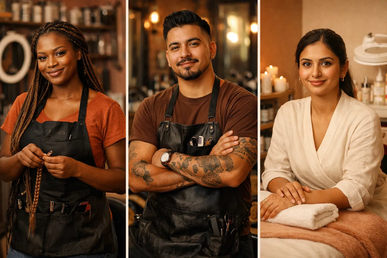 Three independent beauty professionals: a braider, a barber, and an esthetic professional