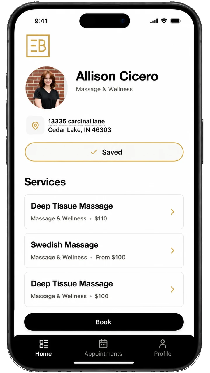 Easy Beauty profile and services screen for massage therapist Allison Cicero
