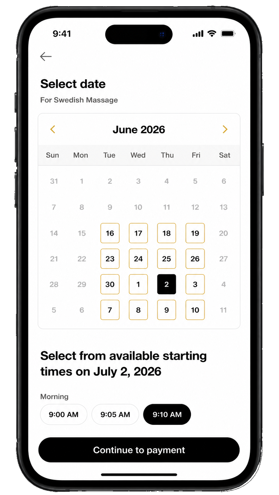 Easy Beauty date and time selection screen for a Swedish Massage booking