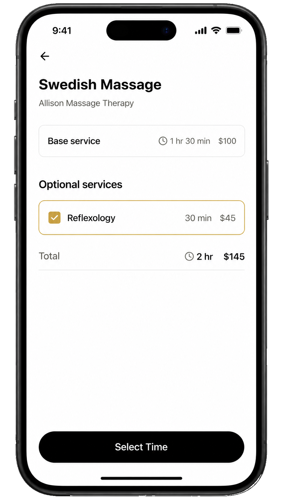 Easy Beauty service booking screen showing a Swedish Massage with an optional reflexology add-on
